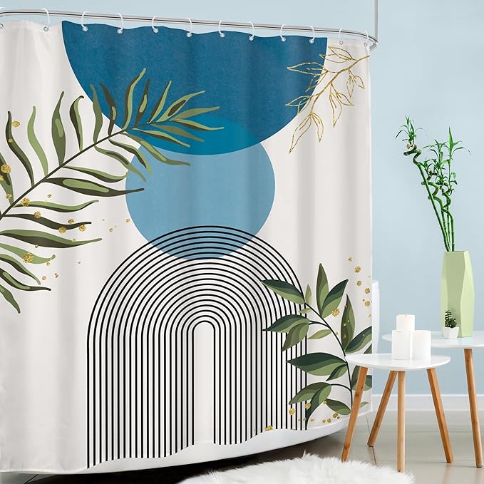 Blue Boho Modern Shower Curtain Mid Century Abstract Gold Green Leaves Sun Arch - Image 3
