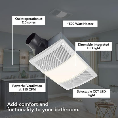 Broan-NuTone BHFLED110 PowerHeat Bathroom Exhaust Fan, and LED Light Combination - Image 2