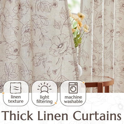 jinchan Floral Linen Curtains for Living Room 63 Inch Length Brown Flower - Image 4