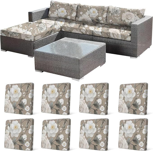 8Pcs Stretch Patio Cushion Cover, Vintage Floral Printed Couch & Sofa Slipcovers by CALBODE