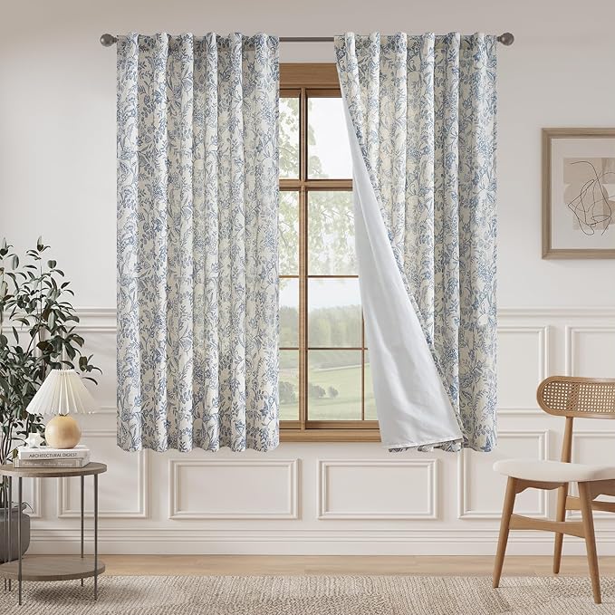 Vangao Lined Linen Curtains for Bedroom Floral Curtains 63 Inches Long Blue - Image 2