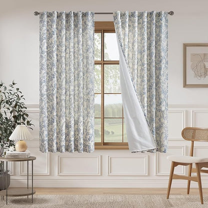 Vangao Lined Linen Curtains for Bedroom Floral Curtains 63 Inches Long Blue - Image 2