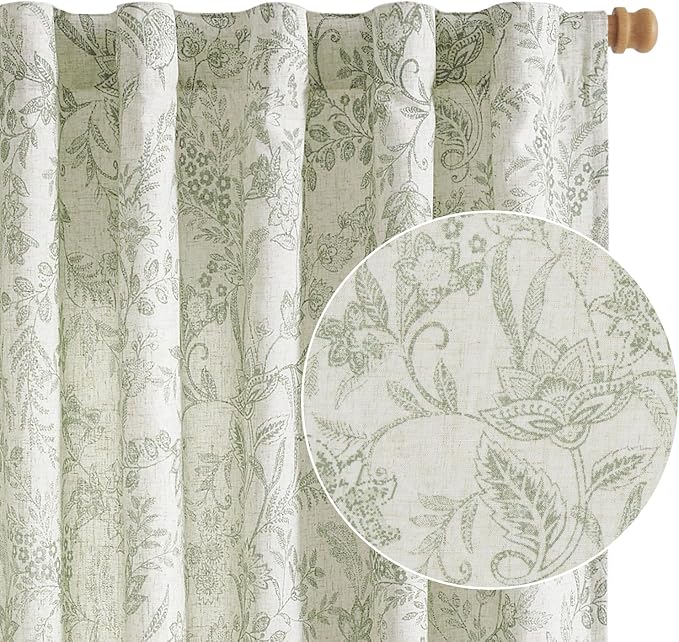 Vangao Lined Linen Curtains for Bedroom Floral Curtains 84 Inches Long Green by Vangao