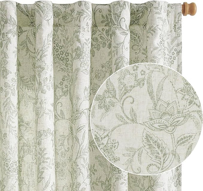 Vangao Lined Linen Curtains for Bedroom Floral Curtains 84 Inches Long Green by Vangao