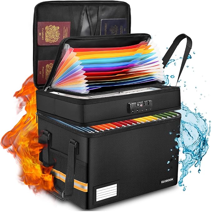 Fireproof Document Box with 13 Pockets Accordian File Organizer, by ELOBOON