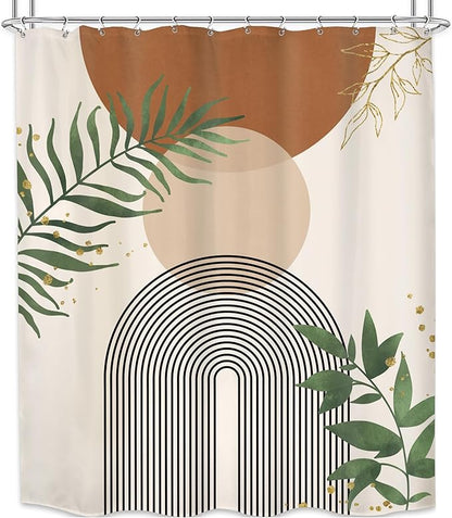 Brown Boho Mid Century Shower Curtain 60Wx72H Abstract Gold Leaves Plant Modern - Image 6