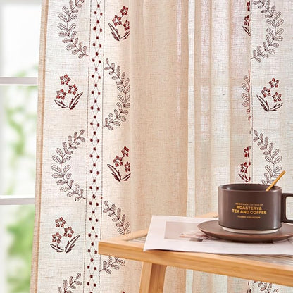 jinchan Belrose Linen Curtains for Bedroom Floral Curtains 96 Inch Length Linen by JINCHAN