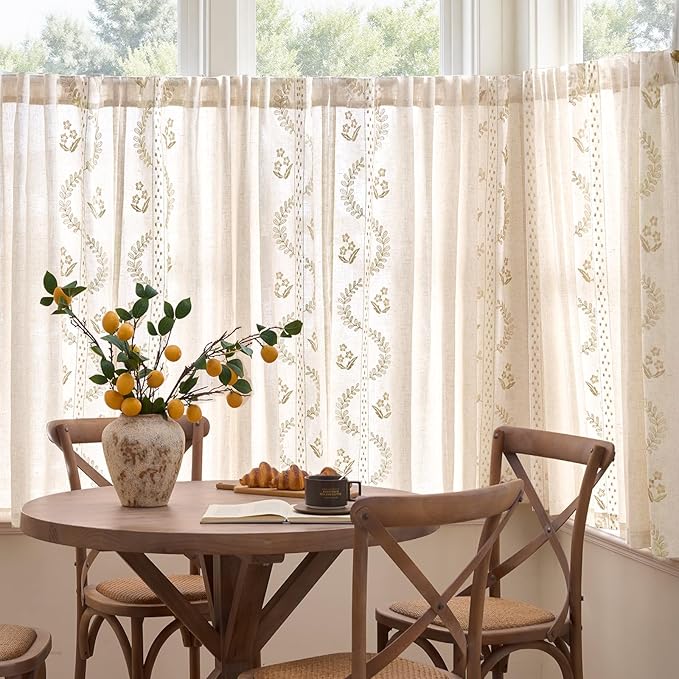 jinchan Belrose Linen Floral Cafe Curtains 54 Inch Length Embroidered Farmhouse - Image 3