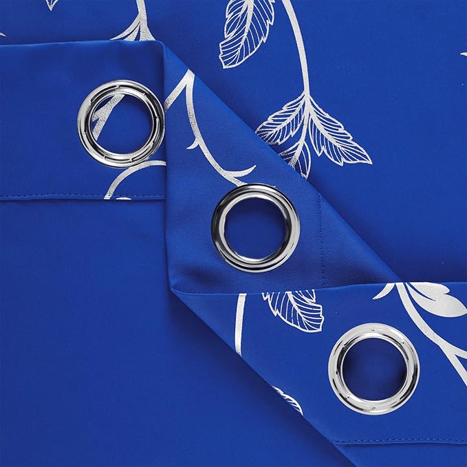 BUHUA Royal Blue Foil Print Flower Vine Design Grommet Curtains Thermal - Image 5