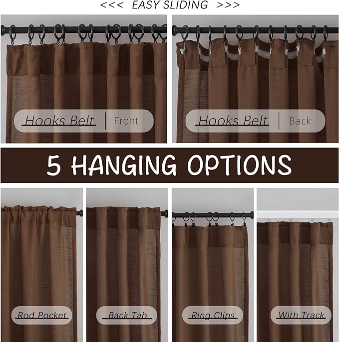 Deep Brown Linen Back Tab Curtains 102 Inches Long 2 Panels Set - Image 3