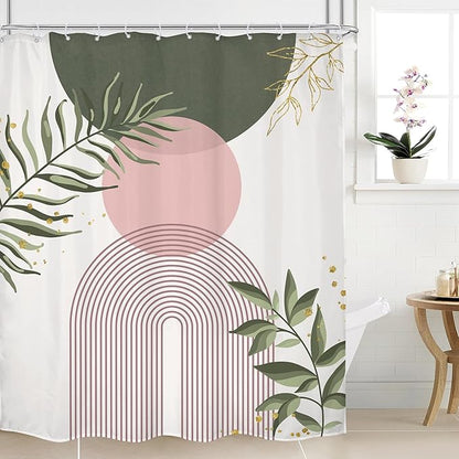 Pink Sage Green Boho Shower Curtain 60Wx72H Mid Century Modern Abstract Gold by MitpokBrand