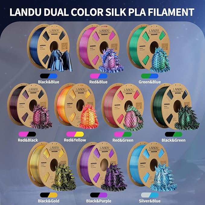 LANDU Silk Dual Color PLA Filament 1.75mm 1KG, 3D Printer Filament Dimensional - Image 2
