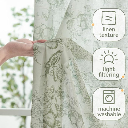 jinchan Linen Floral Curtains for Living Room 63 Inch Long Sage Green Printed - Image 3