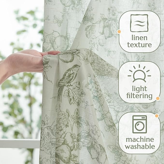 jinchan Linen Floral Curtains for Living Room 96 Inch Long Sage Green Printed - Image 3