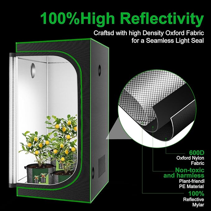 MELONFARM 32"x32"x63'' Grow Tent, High Reflective 600D Diamond Mylar Canvas - Image 2