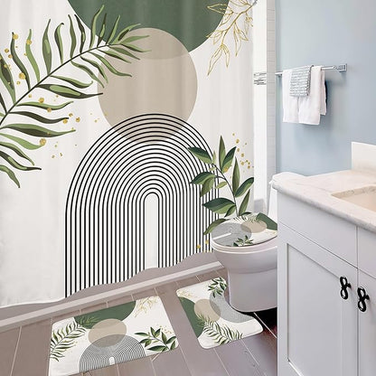4 PCS Green Boho 72Wx72H Shower Curtain Set Abstract Gold Grey Modern - Image 3