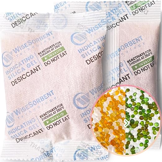 50g Desiccant Packs, Indicating Silica Gel Packets, Rechargeable Desiccant Packs by Wisesorb