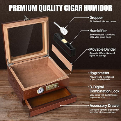Cigar Humidor, Cedar Wood Humidor Cigar Box, Glass Top Desktop Humidor - Image 2