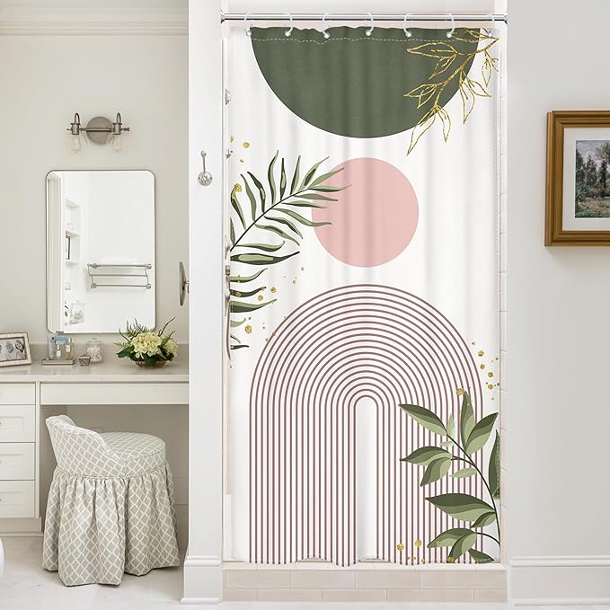 Small Stall Boho Shower Curtain 36Wx72H RV Green Pink Modern Mid Century by MitpokBrand