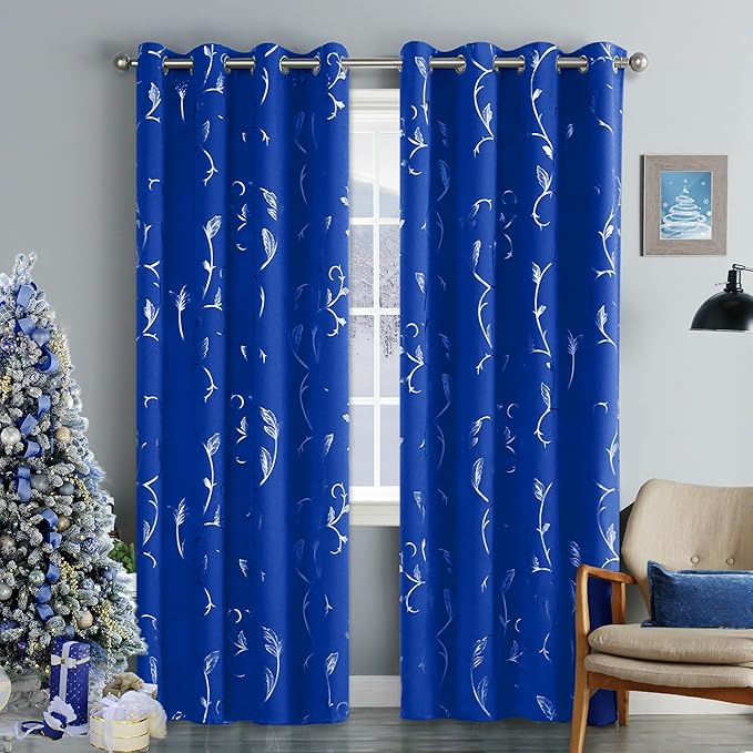 BUHUA Royal Blue Foil Print Flower Vine Design Grommet Curtains Thermal by BUHUA
