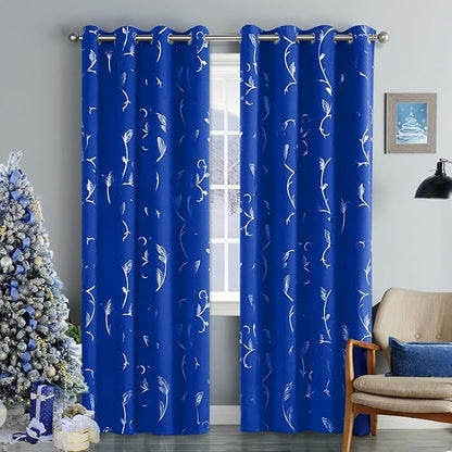 BUHUA Royal Blue Foil Print Flower Vine Design Grommet Curtains Thermal by BUHUA