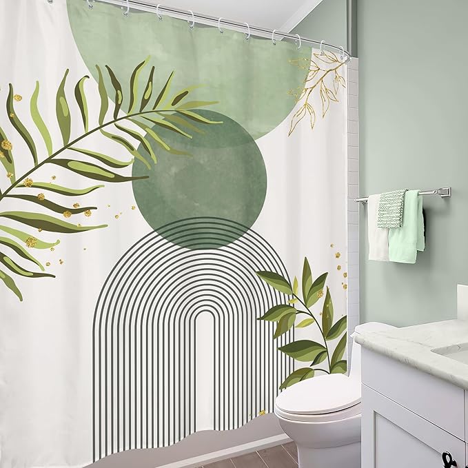 Sage Green Boho Shower Curtain 60Wx72H Modern Bohemian Abstract Leaves Olive - Image 4