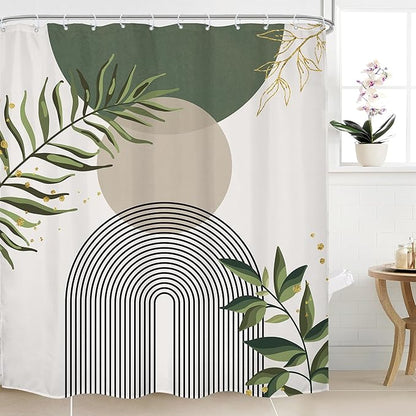 Sage Green Boho Shower Curtain 72Wx78H Modern Abstract Green Gold Leaves by MitpokBrand
