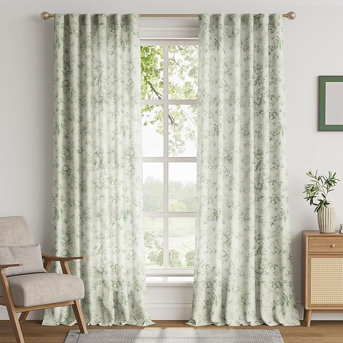 jinchan Linen Floral Curtains for Living Room 96 Inch Long Sage Green Printed - Image 2