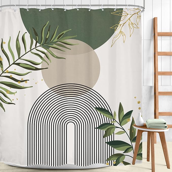 Sage Green Boho Shower Curtain 72Wx78H Modern Abstract Green Gold Leaves - Image 2