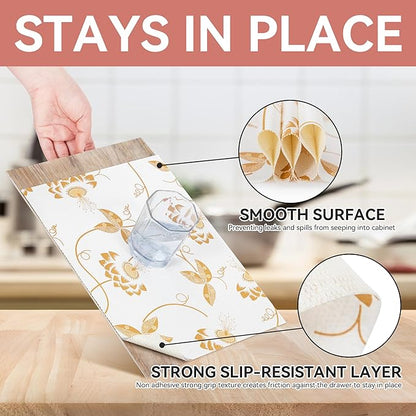 RAY STAR Shelf Liner, Non Adhesive Golden Leaves Floral Kitchen Cabinet Liner - Image 3