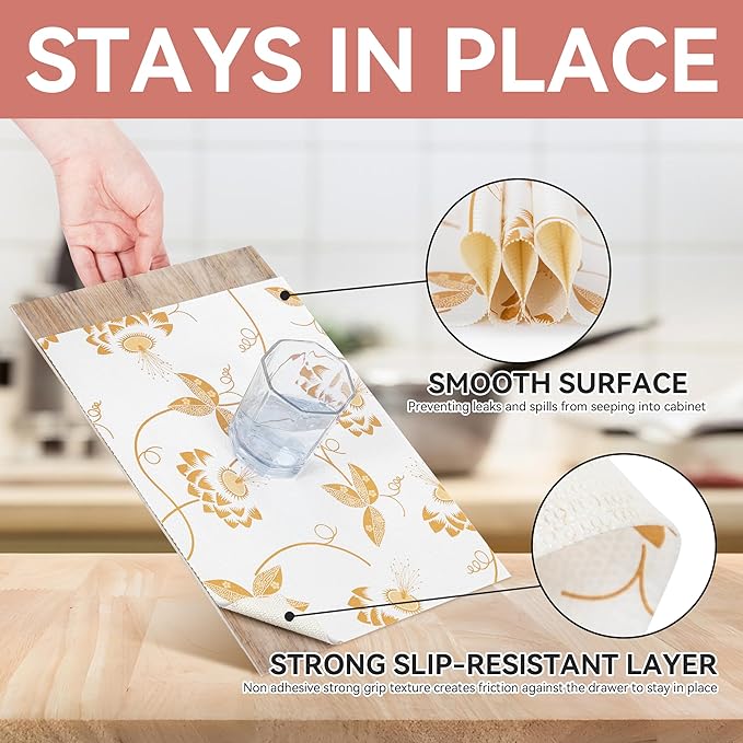 RAY STAR Shelf Liner, Non Adhesive Golden Leaves Floral Kitchen Cabinet Liner - Image 3
