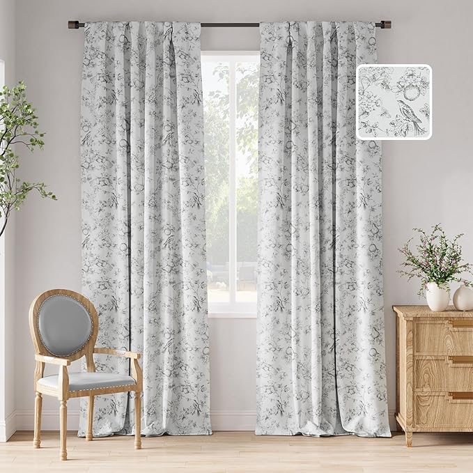 jinchan 95% Blackout Floral Curtains 96 Inches Long, Printed Flower Grey by JINCHAN