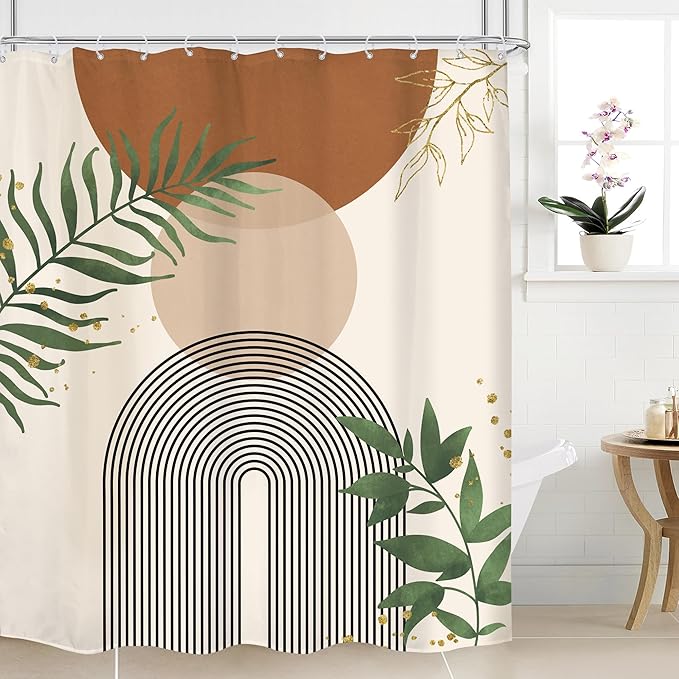 Brown Boho Mid Century Shower Curtain 60Wx72H Abstract Gold Leaves Plant Modern by MitpokBrand