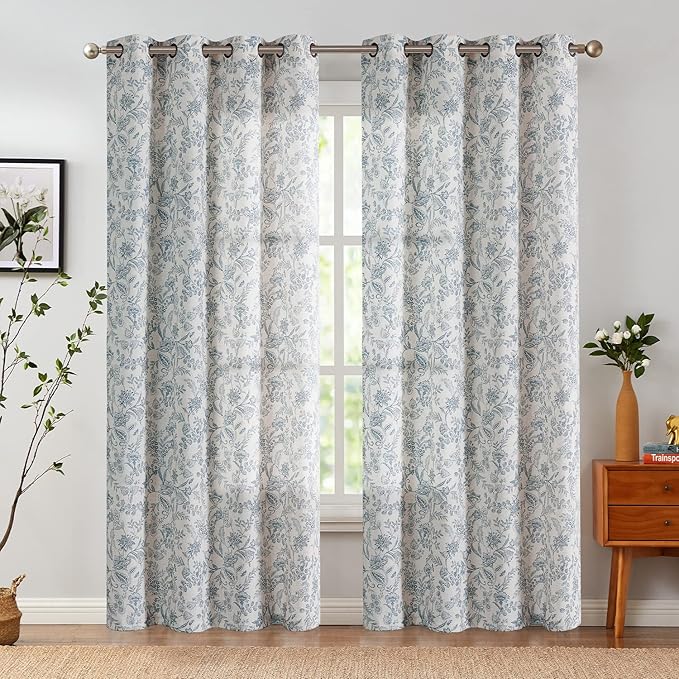 Vangao Blue Floral Linen Curtains - Image 2