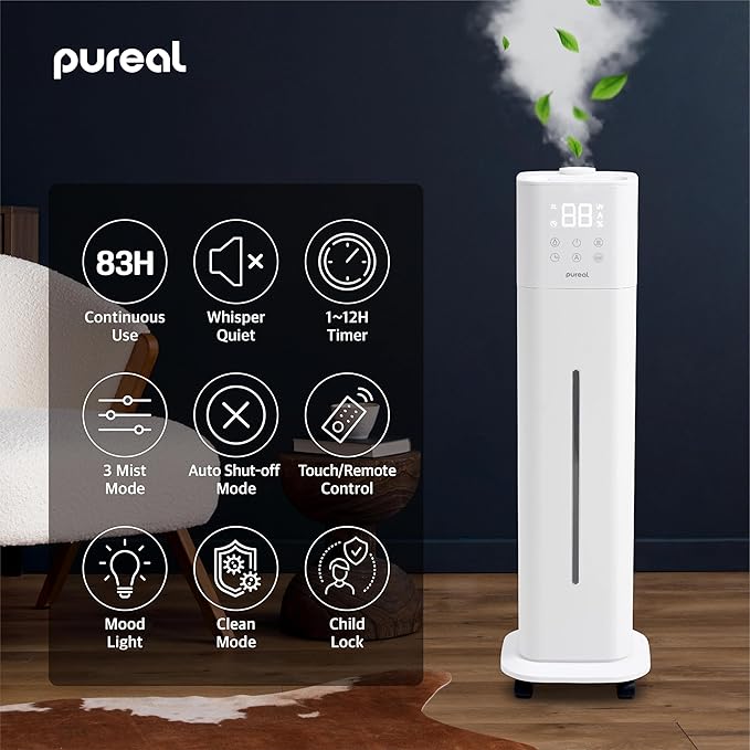 Pureal 10L Tower Humidifier, 83H Runtime, Warm & Cool Mist, Large Room - Image 2