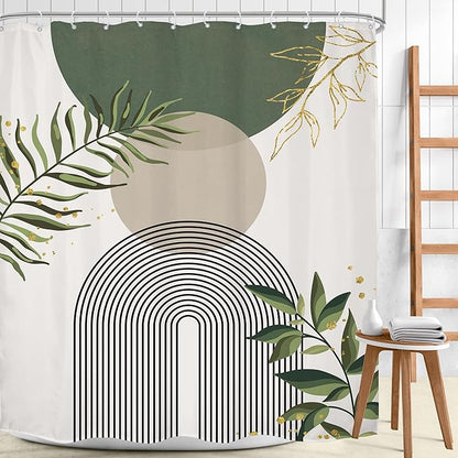 Green Boho Shower Curtain Extra Long Modern Abstract Bohemian Green Gold - Image 2
