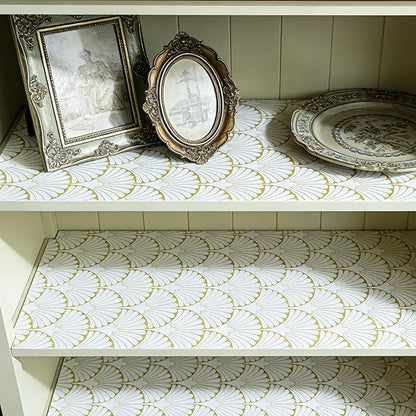 Shelf Liners Non Adhesive Gold Background White Fan-Shaped Pattern - Image 5