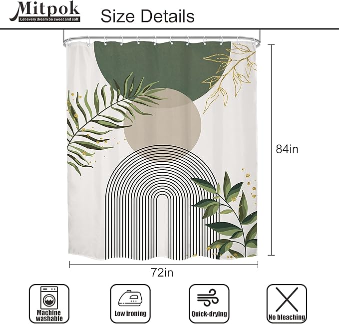 Green Boho Shower Curtain Extra Long Modern Abstract Bohemian Green Gold - Image 5