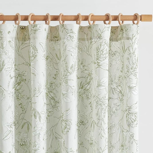 jinchan Floral Curtains 63 Inch Length Sage Green Flower Linen Farmhouse Curtain by JINCHAN