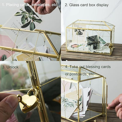 Glass Wedding Card Box with Slot, 12.6 inch Large Clear Card Box Gold Brass - Image 5