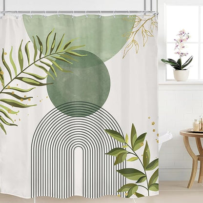 Sage Green Boho Shower Curtain 72Wx78H Modern Bohemian Abstract Leaves Olive by MitpokBrand