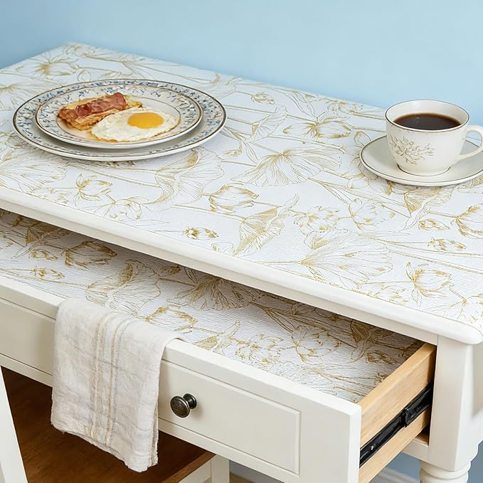 Shelf Liners Non Adhesive Light Base Gold Lotus Pattern - Image 7