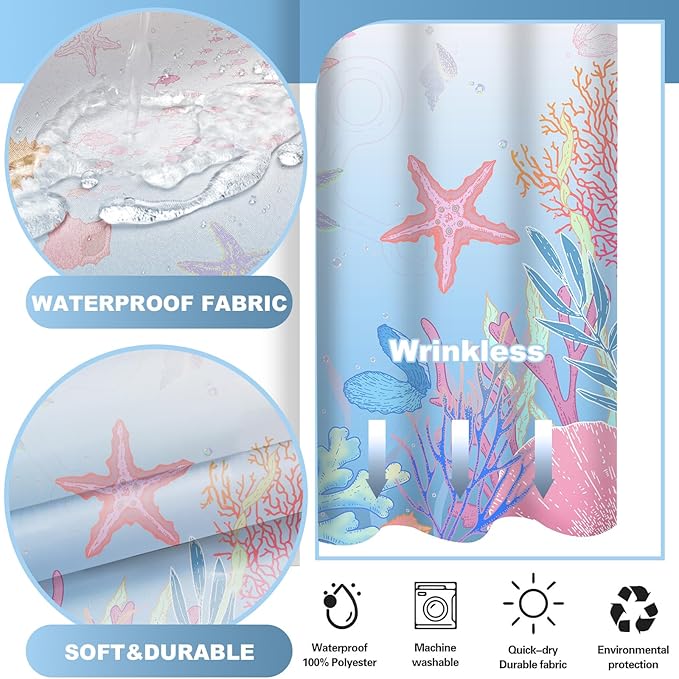 No Hook Shower Curtain with Snap in Liner, Beach Ocean Nautical Coastal Shower - Image 3