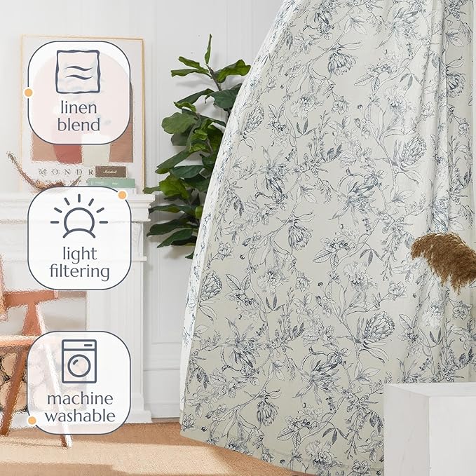 jinchan Floral Curtains 84 Inches Long Blue Flower Linen Farmhouse Curtain - Image 8