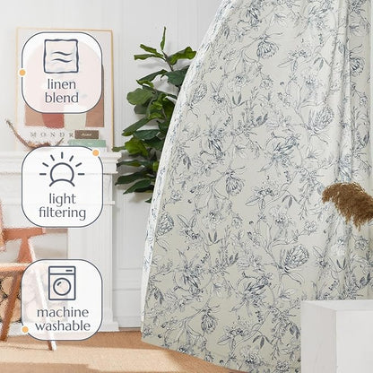 jinchan Floral Curtains 84 Inches Long Blue Flower Linen Farmhouse Curtain - Image 8