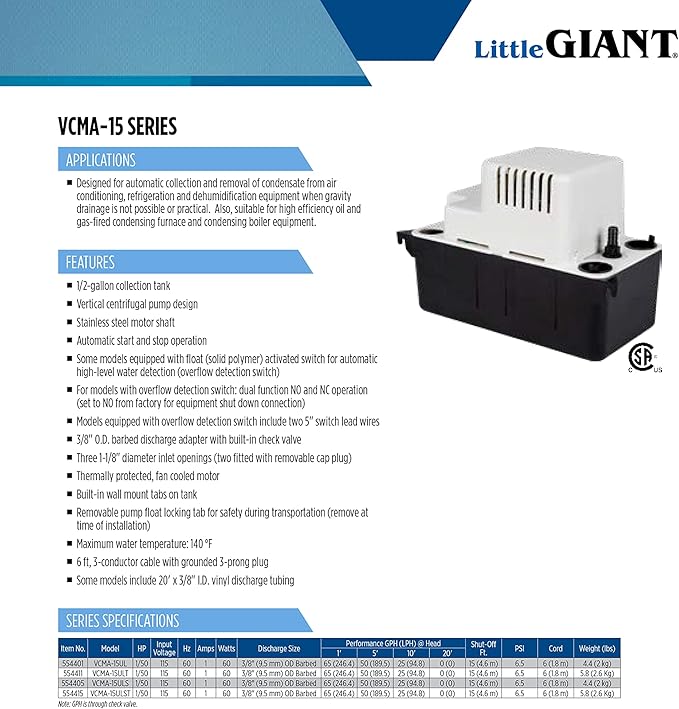 Little Giant VCMA-15ULT 115 Volt, 65 GPH, 1/50 HP Automatic Condensate Removal - Image 10