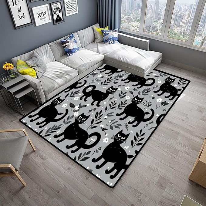 Area Rug Black Cats and Flowers, Pattern Printing, Non-Slip Area Rugs, Fade - Image 2