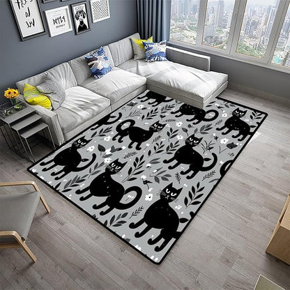 Area Rug Black Cats and Flowers, Pattern Printing, Non-Slip Area Rugs, Fade - Image 2