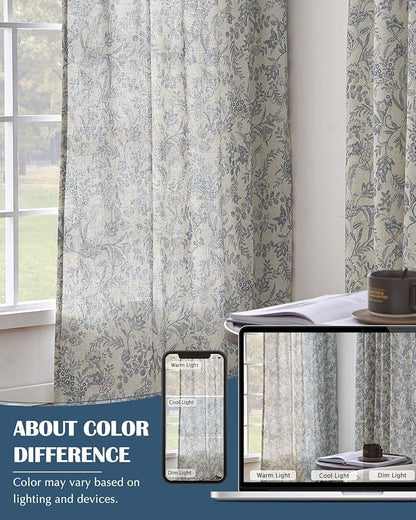 Vangao Lined Linen Curtains for Bedroom Floral Curtains 63 Inches Long Blue - Image 8