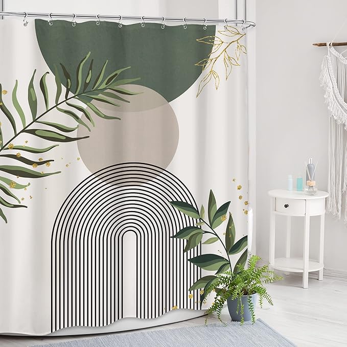 Boho Green Shower Curtain, Sage Bohemian Mid Century Modern 60Wx72H Bathroom - Image 3